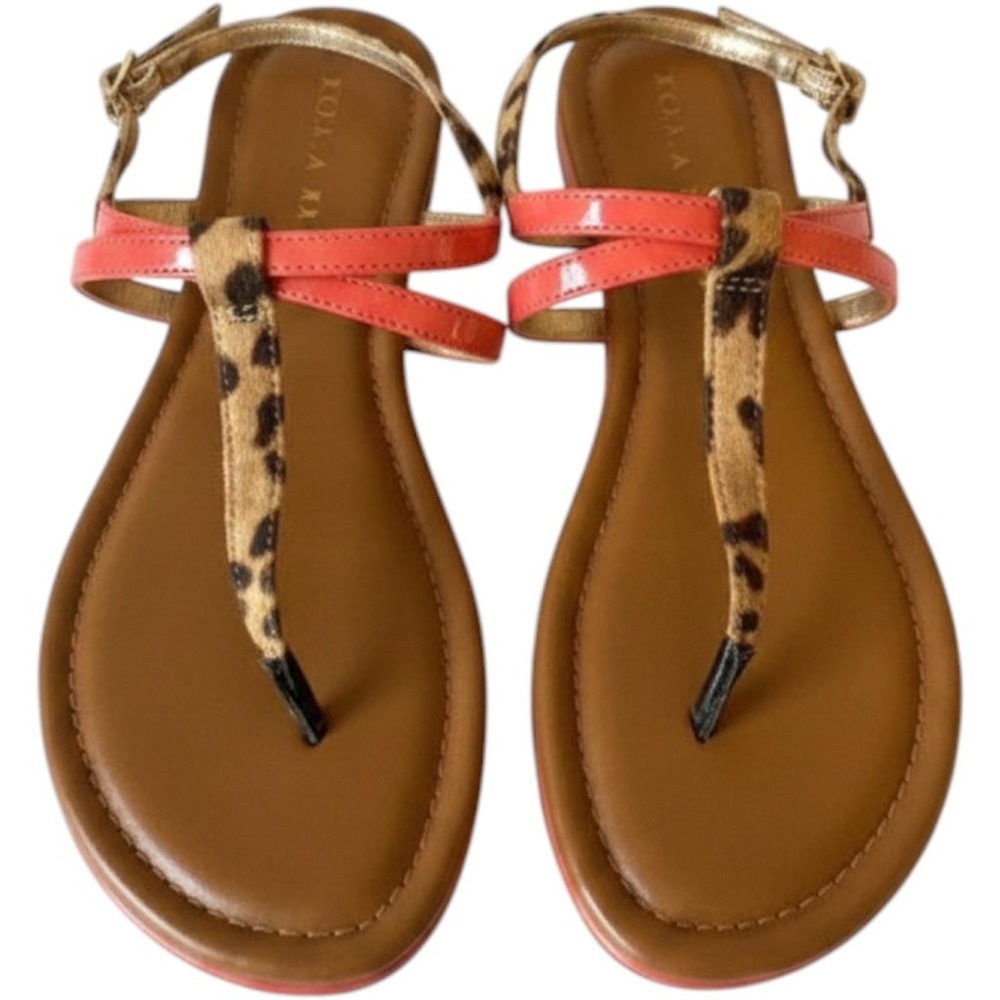 CLEARANCE-Kelly & Katie Coral Pink Leopard Print Thong Ankle Strap Sandals 6.5
